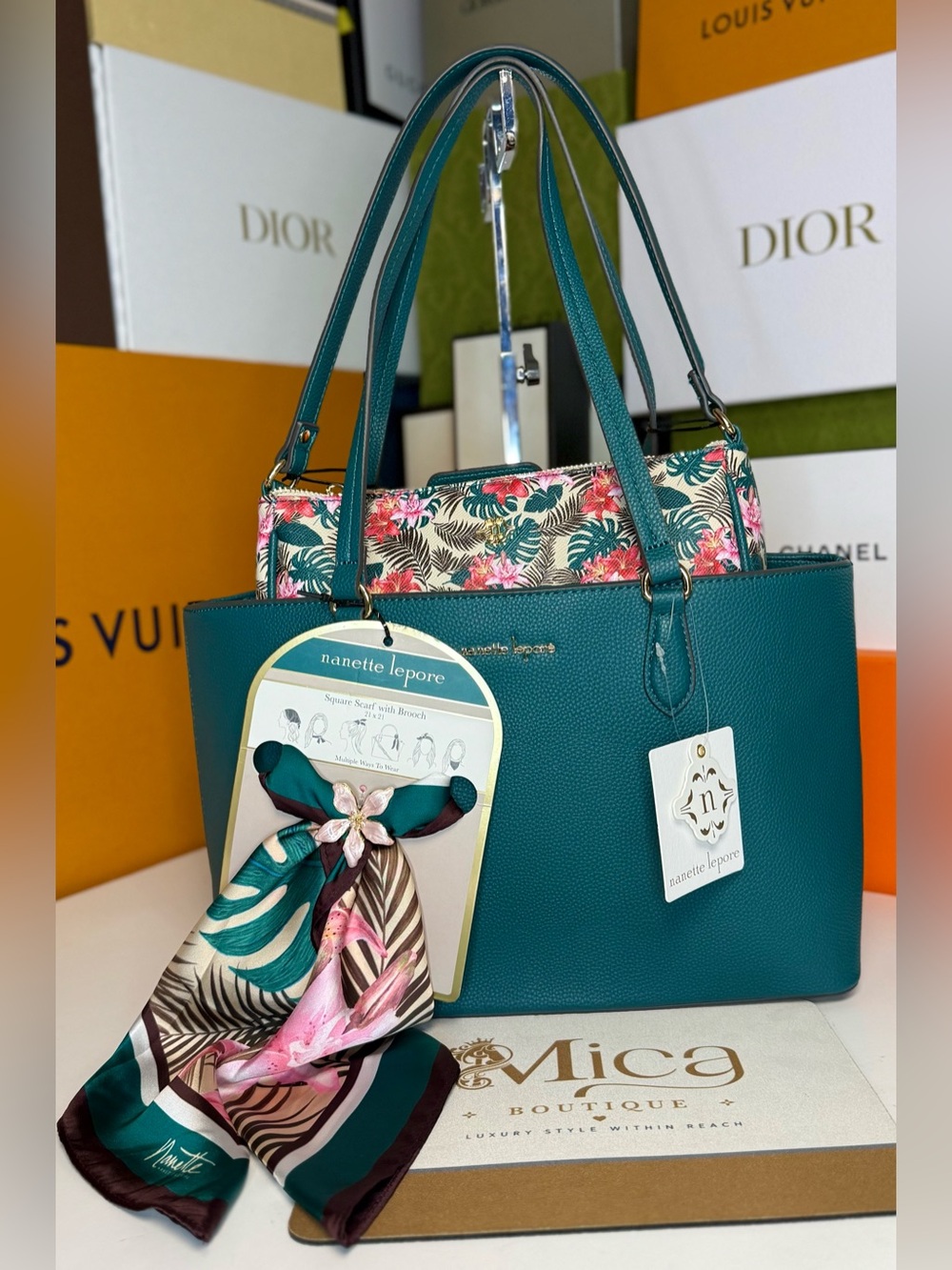 🆕NANETTE Lepore Teal Tote with Floral Insert and Matching Scarf ~Set of 3~